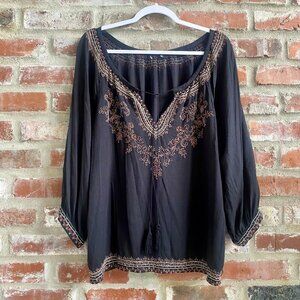 Source Unknown Black Peasant Blouse with Brown Embroidery